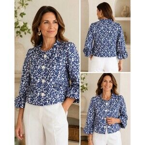Isabel & Nina Blue White Damask Cropped Jacket Ruffle Sleeve Size 16 Statement